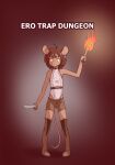  1girl animal_ears antenna_hair arm_at_side bangs bare_shoulders belt bob_cut boots brown_background brown_belt brown_hair brown_shorts caramalatte commentary dark-skinned_female dark_skin english_commentary fire full_body furry furry_female gradient gradient_background hand_up highleg highleg_leotard highres holding holding_knife holding_torch holding_weapon knife leotard looking_afar ming_(caramalatte) mouse_ears mouse_girl mouse_tail pigeon-toed short_hair shorts sleeveless solo standing tail thigh_boots thighhighs torch weapon white_leotard yellow_eyes zettai_ryouiki 