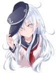  1girl anchor_symbol black_headwear black_sailor_collar blue_eyes blush closed_mouth collarbone cropped_torso eyebrows_visible_through_hair flat_cap hair_between_eyes hat hibiki_(kancolle) hikobae kantai_collection long_hair long_sleeves neckerchief red_neckwear sailor_collar school_uniform serafuku silver_hair simple_background smile solo white_background 