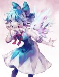  1girl arlmuffin blue_bow blue_dress blue_eyes blue_hair bow cirno cirno_day commentary dated detached_wings dress english_commentary gradient gradient_background grin hair_bow hand_up ice ice_wings medium_hair neck_ribbon red_neckwear ribbon shirt smile touhou white_background white_shirt wings 