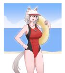  1girl abs animal_ear_fluff animal_ears beach black_swimsuit breasts cloud cloudy_sky commentary cowboy_shot fang hand_on_hip highres innertube inubashiri_momiji lifeguard looking_at_viewer mata_(matasoup) multicolored multicolored_clothes multicolored_swimsuit navel one-piece_swimsuit open_mouth red_eyes red_swimsuit sky solo swimsuit tail touhou visor_cap whistle whistle_around_neck white_hair wolf_ears wolf_tail 