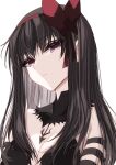  1girl akemi_homura akuma_homura arm_strap bangs bare_shoulders black_hair bow breasts cleavage closed_mouth detached_collar eyebrows_visible_through_hair hair_bow hairband head_tilt highres long_hair looking_at_viewer mahou_shoujo_madoka_magica medium_breasts misteor purple_eyes red_bow red_hairband simple_background solo strapless upper_body white_background 
