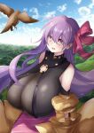  1girl bird blue_sky breasts claw_(weapon) claws cloud collar day fate/extra fate/extra_ccc fate/grand_order fate_(series) gigantic_breasts hair_ribbon highres huge_breasts long_hair o-ring o-ring_top outdoors passionlip_(fate) pink_ribbon purple_hair ribbon sky smile solo tree weapon yuyunatsuki 