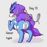 2018 anus butt canine digital_media_(artwork) female feral fur hair legendary_pok&eacute;mon looking_at_viewer mammal nintendo nude nulloffset open_mouth pok&eacute;mon pok&eacute;mon_(species) presenting presenting_hindquarters purple_hair pussy red_eyes saliva simple_background solo suicune tongue tongue_out video_games white_fur 