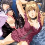  amane_misa arms_up bangs blonde_hair breasts brown_eyes choker death_note lowres medium_breasts misora_naomi multiple_girls nipple_slip nipples no_bra socks torn_clothes two_side_up 