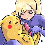  artist_request bestiality blonde_hair blue_eyes bukkake crossover cum d! facial handjob lowres metroid penis pikachu pleasure_face pokemon pokephilia samus_aran super_smash_bros. testicles 