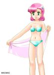  bikini child green_eyes heart magical_girl mahou_no_princess_minky_momo minky_momo pink_hair standing swimsuit towel waniwani 