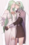  2girls black_dress blush byleth_(fire_emblem) byleth_(fire_emblem)_(female) cloak dress fire_emblem fire_emblem:_three_houses green_eyes green_hair headband highres hug ikarin long_hair multiple_girls pointy_ears rhea_(fire_emblem) short_hair skirt white_dress 