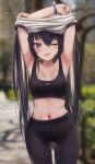  1girl ;d absurdres armpits arms_up bangs black_hair black_nails black_pants blurry blurry_background blush bracelet breasts commentary_request depth_of_field eyebrows_visible_through_hair hair_between_eyes highres jewelry long_hair looking_at_viewer medium_breasts nail_polish navel nike one_eye_closed open_mouth original pants priite_hari_(torriet) purple_eyes revision shirt smile solo sports_bra stomach sweat torriet twintails undressing very_long_hair white_shirt 