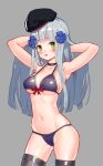  1girl :o armpits arms_up bangs beret bikini black_bikini black_headwear black_legwear girls&#039;_frontline green_eyes grey_background grey_hair hair_between_eyes hair_ornament hat hk416_(girls&#039;_frontline) lim_jaejin long_hair looking_at_viewer navel open_mouth simple_background solo swimsuit teardrop_tattoo thighhighs 