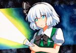  1girl black_bow black_hairband black_neckwear black_ribbon bob_cut bow bowtie collared_shirt flashlight flashlight_beam green_vest hair_ribbon hairband konpaku_youmu qqqrinkappp ribbon shirt short_hair short_sleeves silver_hair solo touhou traditional_media vest white_shirt 