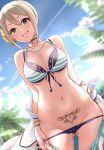  1girl :d ass_visible_through_thighs bangs bare_shoulders belt bikini bikini_pull black_bikini black_choker blonde_hair blue_sky blush bracelet braid breasts brown_eyes choker cleavage clothes_pull collarbone condensation_trail cowboy_shot crown_braid day dutch_angle flower groin hair_flower hair_ornament heart highres idolmaster idolmaster_cinderella_girls jewelry layered_bikini lens_flare looking_at_viewer medium_breasts mk_(mod0) navel necklace off_shoulder open_clothes open_fly open_mouth outdoors palm_tree pubic_tattoo pulled_by_self round_teeth shiomi_syuko short_hair sky smile solo stomach striped striped_bikini sweat swimsuit tattoo teeth tree upper_teeth yellow_flower 