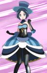  1girl black_gloves black_legwear blue_eyes blue_hair blue_headwear breasts cleavage commentary_request dress evelyn_(pokemon) gloves hat highres looking_at_viewer medium_breasts open_mouth pantyhose pink_background pokemon pokemon_(game) pokemon_xy short_hair solo standing tsukishiro_saika 