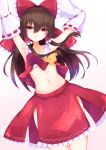  1girl armpits arms_up ascot bandages bangs bare_shoulders bow brown_hair collar collared_shirt detached_sleeves eyebrows_visible_through_hair gradient gradient_background hair_between_eyes hair_ornament hair_tubes hakurei_reimu hands_up highres long_hair long_sleeves looking_to_the_side navel open_mouth pink_background red_bow red_eyes red_shirt red_skirt shirt skirt solo standing stomach tomoe_(fdhs5855) touhou white_background white_sleeves wide_sleeves yellow_neckwear 