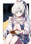  1girl anastasia_(fate) anastasia_(swimsuit_archer)_(fate) bikini_skirt blowing_on_food blue_eyes breasts curry curry_rice fate/grand_order fate_(series) food highres large_breasts long_hair night ponytail rice silver_hair sitting snowflakes spoon yashiro_ryo 