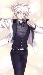  1boy absurdres bangs belt black_bow black_pants black_vest bow bowtie brown_background collared_shirt cowboy_shot danganronpa_(series) danganronpa_10th_anniversary_costume danganronpa_2:_goodbye_despair dress_shirt eyebrows_visible_through_hair eyes_visible_through_hair grey_eyes grey_shirt hair_over_one_eye hand_up highres jacket komaeda_nagito long_sleeves looking_at_viewer male_focus official_alternate_costume open_clothes open_jacket pants shirt short_hair smile solo vest white_background white_belt white_bow white_hair white_jacket zhou_ben 