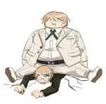  2boys :i bangs belt black_belt boy_on_top brown_jacket clenched_hands closed_mouth collared_shirt danganronpa:_trigger_happy_havoc danganronpa_(series) danganronpa_2:_goodbye_despair fat fat_man glasses jacket multiple_boys on_person open_mouth pants qosic shirt shirt_tucked_in shoes simple_background sitting smile spread_legs togami_byakuya togami_byakuya_(danganronpa_2) white_background white_footwear white_jacket white_pants white_shirt 