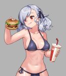  1girl armpits bangs bikini black_bikini breasts burger cleavage closed_mouth cup disposable_cup drinking_straw food girls&#039;_frontline grey_background hair_between_eyes holding holding_cup holding_food lim_jaejin medium_hair navel red_eyes shirt silver_hair simple_background skirt solo spas-12_(girls&#039;_frontline) swimsuit tongue tongue_out 