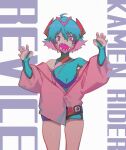  1girl absurdres belt blue_hair genderswap genderswap_(mtf) gradient_hair highres kamen_rider kamen_rider_revi kamen_rider_revice multicolored_hair nail_polish off_shoulder pink_eyes rider-tan sharp_teeth simple_background sixbane teeth 