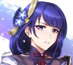  1girl bangs blunt_bangs bow bowtie close-up detached_collar eyebrows_visible_through_hair genshin_impact hair_ornament japanese_clothes long_hair looking_at_viewer low_ponytail mole mole_under_eye parted_lips petals purple_eyes purple_hair raiden_shogun sidelocks signature simple_background solo two-tone_background zxpfer 