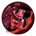  1girl backpack bag bangs black_eyes black_hair blush bubble_blowing chair chewing_gum circle closed_mouth highres hologram looking_at_viewer medium_hair peni_parker pleated_skirt reaching_out robot school_uniform shirt short_hair sitting skirt smile solo sp//dr spider-man:_into_the_spider-verse spider-man_(series) sweater sweater_vest white_background yoineko 