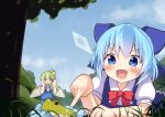  4girls :d :o ascot bangs blue_bow blue_dress blue_eyes blue_hair blush bow bowtie breasts cirno cloud commentary_request cryokinesis daiyousei day dress eyebrows_visible_through_hair fairy_wings flying frog green_eyes green_hair hakurei_reimu hands_up highres hikuchi_riku ice ice_wings kirisame_marisa long_hair lying motion_blur multiple_girls on_stomach one_side_up open_mouth outdoors perspective pinafore_dress puffy_short_sleeves puffy_sleeves red_bow red_neckwear short_hair short_sleeves sky small_breasts smile sweat touhou tree v-shaped_eyebrows wing_collar wings yellow_bow yellow_neckwear 