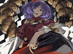  1girl breasts dress hair_ornament highres ikuhana_niiro leaf_hair_ornament long_sleeves looking_at_viewer mirror onbashira open_mouth purple_hair red_dress red_eyes rope rope_belt shimenawa short_hair sitting solo touhou yasaka_kanako 