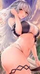  1girl bangs blush breasts caren_hortensia_(amor_caren) eyebrows_visible_through_hair fate/grand_order fate_(series) highres large_breasts long_hair looking_at_viewer navel outdoors parted_lips silver_hair solo thigh_strap toyoman 