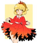  1girl :d aki_shizuha bangs blonde_hair border eyebrows_visible_through_hair hair_ornament ini_(inunabe00) leaf_hair_ornament long_sleeves looking_at_viewer open_mouth red_shirt red_skirt shirt short_hair simple_background skirt smile solo standing touhou white_border yellow_background yellow_eyes 