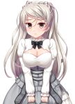  1girl absurdres blush breasts brown_eyes cleavage cleavage_cutout closed_mouth clothing_cutout conte_di_cavour_(kancolle) dress eyebrows_visible_through_hair frilled_dress frills grey_hair highres kantai_collection large_breasts layered_dress long_hair long_sleeves ruin_re_birth simple_background solo white_background white_dress 