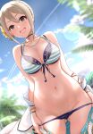  1girl :d ass_visible_through_thighs bangs bare_shoulders belt bikini bikini_pull black_bikini black_choker blonde_hair blue_sky blush bracelet braid breasts brown_eyes choker cleavage clothes_pull collarbone condensation_trail cowboy_shot crown_braid day dutch_angle flower groin hair_flower hair_ornament highres idolmaster idolmaster_cinderella_girls jewelry layered_bikini lens_flare looking_at_viewer medium_breasts mk_(mod0) navel necklace off_shoulder open_clothes open_fly open_mouth outdoors palm_tree pulled_by_self round_teeth shiomi_syuko short_hair sky smile solo stomach striped striped_bikini sweat swimsuit teeth tree upper_teeth yellow_flower 