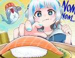  +_+ 1girl bangs bloop_(gawr_gura) blue_eyes blue_jacket blue_nails blush bubble can eating food food_in_mouth food_on_face fork gawr_gura hair_between_eyes holding holding_fork hololive hololive_english jacket long_sleeves looking_at_food multicolored_hair nail_polish plate rice shark shark_girl sharp_teeth short_hair solo sushi teeth tkc_(user_snjd8547) twintails two-tone_hair virtual_youtuber white_hair 