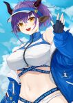 1girl :d absurdres animal_ears arknights bangs bare_shoulders bikini black_gloves blue_jacket blue_sky breasts cloud commentary_request day fingerless_gloves gloves hand_up highres horns jacket large_breasts long_sleeves looking_at_viewer navel off_shoulder open_mouth purple_hair sideroca_(arknights) sideroca_(light_breeze)_(arknights) sky smile solo stomach swimsuit upper_body visor_cap white_bikini yellow_eyes yowza 