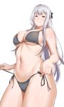  1girl ak-12_(girls&#039;_frontline) bangs bikini black_bikini blush braid breasts closed_mouth cowboy_shot girls&#039;_frontline highres ichinose_(ichinose1592) large_breasts long_hair navel purple_eyes side-tie_bikini silver_hair simple_background solo swimsuit white_background 