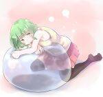  1girl alive_111111 ball bangs bare_arms bare_shoulders black_legwear blush breasts commentary_request exercise_ball full_body green_eyes green_hair head_on_arm kneeling light_blush medium_hair no_shoes open_mouth original pastel_colors pleated_skirt red_skirt shiny shiny_hair shirt skirt sleeveless sleeveless_shirt solo thighhighs wavy_hair white_shirt zettai_ryouiki 