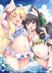  2girls ;d ahoge animal_ear_fluff animal_ears antenna_hair arm_scrunchie arm_up bangs bikini black_hair blonde_hair blue_bikini breasts cloud commentary_request cowboy_shot day eyebrows_visible_through_hair fang fox_ears fox_girl fox_tail frilled_bikini frills front-tie_bikini front-tie_top green_bikini hand_up highres holding_another&#039;s_arm long_hair looking_at_another looking_at_viewer medium_breasts multiple_girls navel one_eye_closed open_mouth original outdoors ponytail red_eyes roshin scrunchie side-tie_bikini sidelocks small_breasts smile standing stomach swimsuit tail tail_raised wading water wrist_scrunchie 
