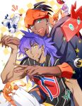  2boys :d akeno06 black_hair black_hoodie blush bright_pupils champion_uniform charizard commentary_request dark-skinned_male dark_skin dreepy duraludon earrings facial_hair gen_1_pokemon gen_3_pokemon gen_4_pokemon gen_6_pokemon gen_8_pokemon goomy highres holding_hands hood hoodie jewelry leggings leon_(pokemon) long_hair male_focus multiple_boys notice_lines open_mouth orange_headwear poke_ball pokemon pokemon_(game) pokemon_swsh purple_hair raihan_(pokemon) rotom rotom_phone shield_print shirt short_hair short_shorts short_sleeves shorts smile star_(symbol) sword_print teeth tongue trapinch ultra_ball undercut v white_legwear white_pupils white_shorts yellow_eyes 