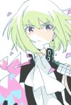  1boy black_jacket closed_mouth frown green_hair highres jacket lio_fotia looking_at_viewer male_focus namori otoko_no_ko promare purple_eyes short_hair simple_background solo white_background 