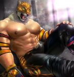  1boy abs absurdres alternate_pectoral_size animal_ears animal_head bara black_pants bulge erection erection_under_clothes fangs feet_out_of_frame highres ig jaguar_boy jaguar_ears jaguar_tail king_(tekken) large_pectorals latex_pants looking_at_viewer male_focus muscular muscular_male navel nipples pants pectorals reward_available shirtless sitting slit_pupils solo stomach tail tekken thick_thighs thighs tight tight_pants wrestling_outfit 