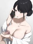  1boy 1girl areolae bangs bare_shoulders black_eyes black_hair breasts cellphone censored clothes_down collarbone eyebrows_visible_through_hair hair_bun hand_up hetero highres holding holding_phone kaminari_doon large_breasts mosaic_censoring open_clothes open_mouth open_shirt original penis_grab penis_to_breast phone smartphone solo_focus swept_bangs talking_on_phone 