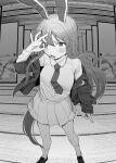  1girl animal_ears blazer blush breasts bullet crescent crescent_pin greyscale hair_between_eyes highres jacket knees koyama_shigeru large_breasts long_hair long_sleeves looking_at_viewer monochrome necktie open_mouth pleated_skirt rabbit_ears reisen_udongein_inaba shirt shoes shouji skirt sliding_doors socks solo standing tatami touhou white_shirt 