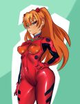  1girl :&lt; blue_eyes cameltoe closed_mouth collarbone covered_collarbone covered_navel covered_nipples eyebrows_visible_through_hair gloves hair_between_eyes half-closed_eyes hand_on_hip highres long_hair mon_eree neon_genesis_evangelion orange_hair plugsuit red_gloves shiny shiny_clothes solo souryuu_asuka_langley turtleneck twintails 
