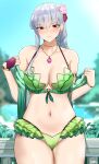  1girl absurdres armlet bangs bare_shoulders bikini blue_sky blurry blurry_background blush bracelet braid braided_ponytail breasts cleavage closed_mouth collarbone earrings fate/grand_order fate_(series) flower frills green_bikini green_vest hair_flower hair_ornament hair_ribbon highres hood hooded_vest hoodie jewelry kama_(fate) large_breasts long_hair looking_at_viewer lotus necklace nvl off_shoulder pendant red_eyes ribbon silver_hair sky smile solo swimsuit thighs vest 