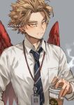  1boy artist_name bangs blonde_hair boku_no_hero_academia breast_pocket cigarette collared_shirt commentary cup diagonal-striped_neckwear diagonal_stripes disposable_cup earrings feathered_wings grey_background hand_up hawks_(boku_no_hero_academia) holding holding_cigarette id_card jewelry kadeart looking_at_viewer male_focus necktie pocket red_wings shirt short_hair simple_background solo striped striped_neckwear teeth watermark white_shirt wings 