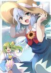  2girls ascot blue_eyes blue_hair cirno daiyousei dress eyebrows_visible_through_hair fairy_wings fang flower green_eyes green_hair hair_between_eyes hand_on_headwear hat ice ice_wings looking_at_viewer multiple_girls open_mouth pinafore_dress ponta_(wwtaimeww) puffy_short_sleeves puffy_sleeves red_neckwear short_hair short_sleeves side_ponytail sleeveless sleeveless_dress straw_hat sunflower touhou wings yellow_neckwear 