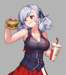  1girl armpits bangs breasts burger cleavage closed_mouth cup disposable_cup drinking_straw food girls&#039;_frontline grey_background hair_between_eyes holding holding_cup holding_food lim_jaejin medium_hair purple_shirt red_eyes red_skirt shirt silver_hair simple_background skirt sleeveless sleeveless_shirt solo spas-12_(girls&#039;_frontline) tongue tongue_out 