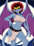  1girl afrobull artist_name bare_shoulders belt blue_eyes blue_skin breasts buckle claws collarbone colored_skin covered_nipples demona earrings eyelashes film_grain frown full_moon gargoyle gargoyles highres hoop_earrings jewelry large_breasts lips loincloth looking_at_viewer monster_girl moon navel pointy_ears red_hair solo tail tiara wings 