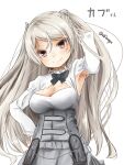  1girl akino_shuu armpits blush breasts brown_eyes cleavage closed_mouth conte_di_cavour_(kancolle) dress grey_hair kantai_collection large_breasts long_hair long_sleeves simple_background smile solo twitter_username upper_body white_background white_dress 