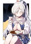  1girl anastasia_(fate) anastasia_(swimsuit_archer)_(fate) bikini_skirt breasts closed_eyes curry curry_rice eating fate/grand_order fate_(series) food highres large_breasts long_hair night ponytail rice silver_hair sitting snowflakes spoon yashiro_ryo 