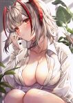  1girl absurdres ahoge arknights blush breasts cleavage demon_horns grey_hair hand_up head_rest highres horns knees_up large_breasts looking_at_viewer open_clothes open_shirt plant shirt short_hair sideboob sitting solo tamaso upper_body v-shaped_eyebrows w_(arknights) white_shirt yellow_eyes 