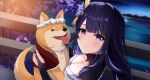  1girl absurdres bangs blunt_bangs breasts cleavage dog genshin_impact headband highres kiriyakundesu large_breasts looking_at_viewer mole mole_under_eye open_mouth purple_eyes purple_hair raiden_shogun shiba_inu smile solo tongue tongue_out upper_body 